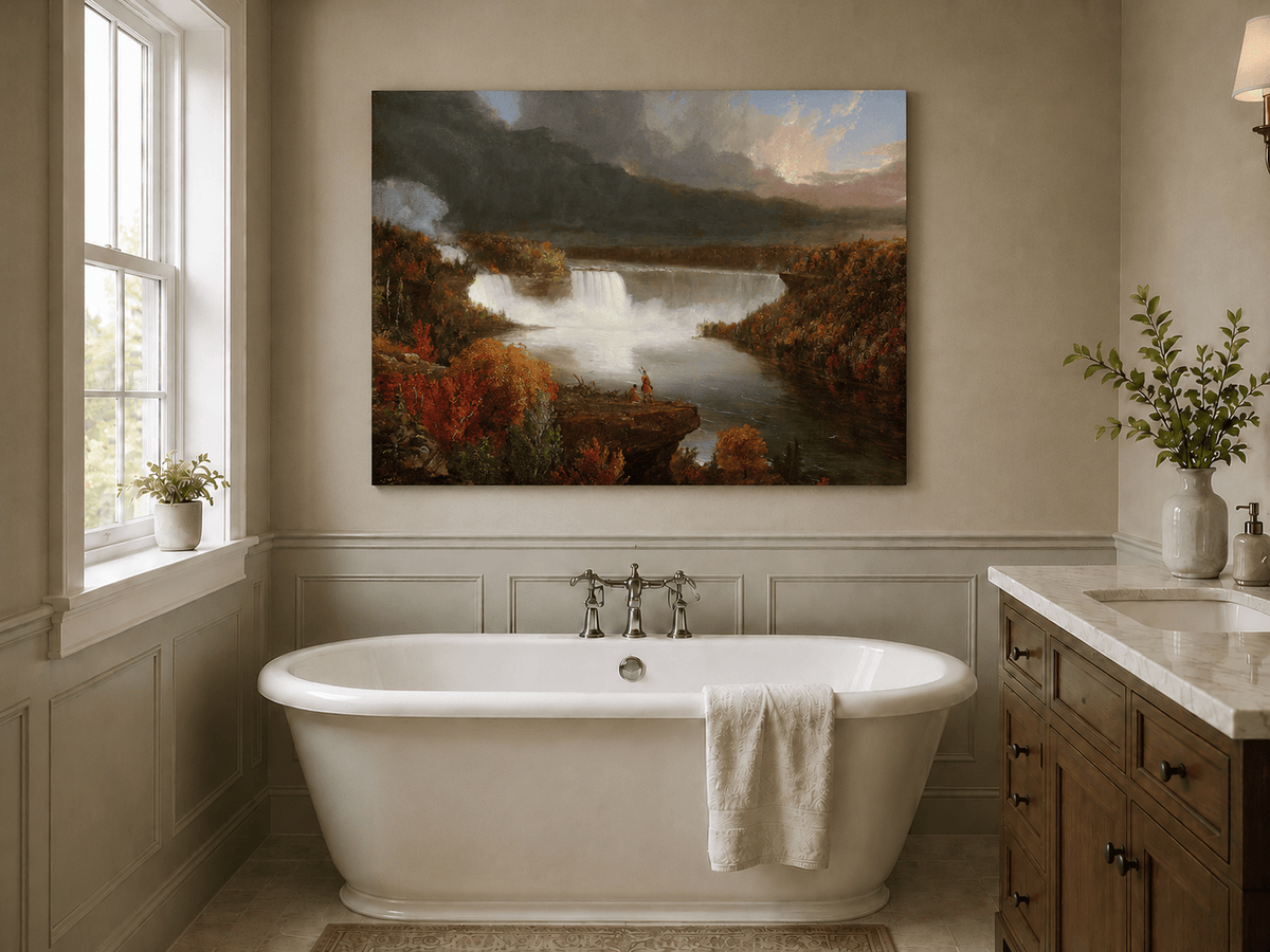 Landscape Oil Painting - Autumn Waterfall Over Majestic River