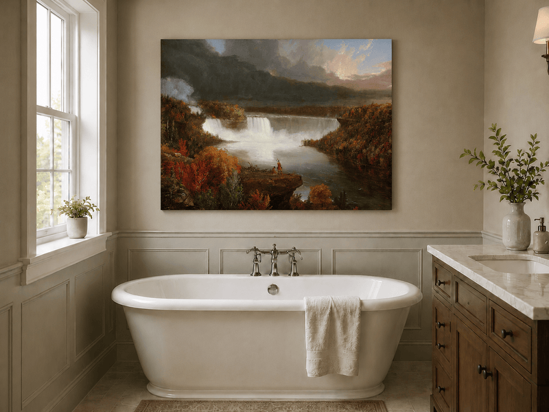 Landscape Oil Painting - Autumn Waterfall Over Majestic River