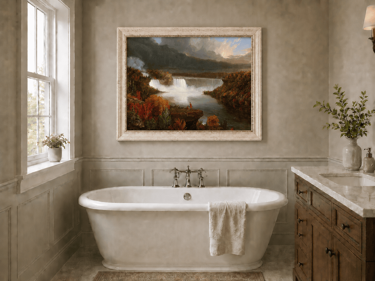 Landscape Oil Painting - Autumn Waterfall Over Majestic River
