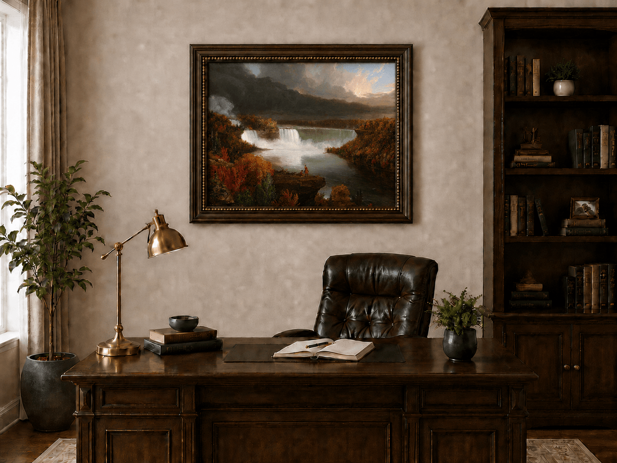 Landscape Oil Painting - Autumn Waterfall Over Majestic River