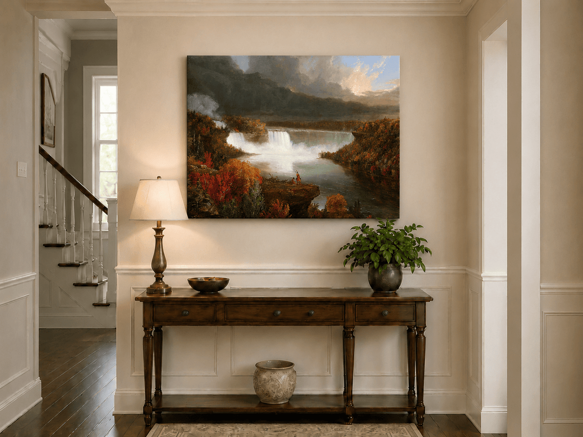 Landscape Oil Painting - Autumn Waterfall Over Majestic River