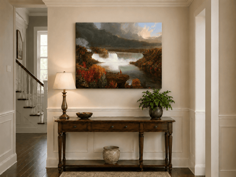 Landscape Oil Painting - Autumn Waterfall Over Majestic River