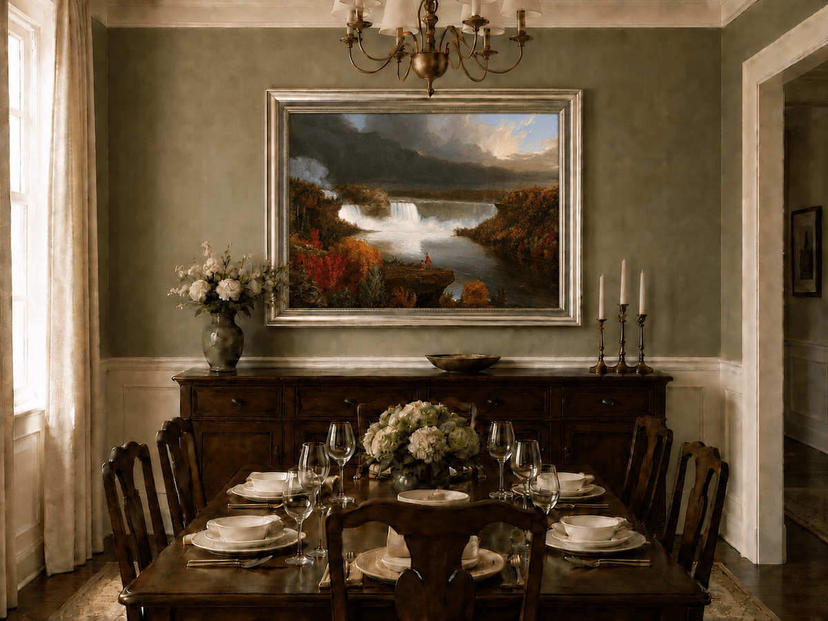 Landscape Oil Painting - Autumn Waterfall Over Majestic River