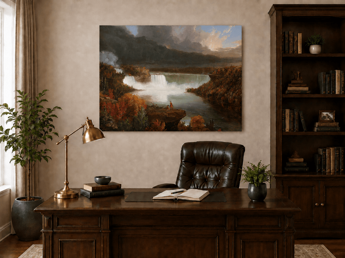 Landscape Oil Painting - Autumn Waterfall Over Majestic River