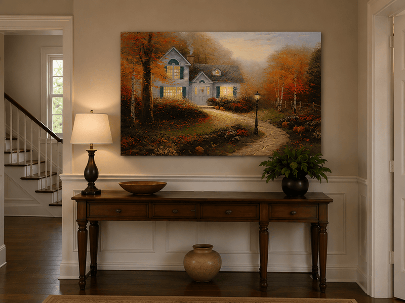 Landscape Oil Painting - Autumn White Cottage With Pumpkins