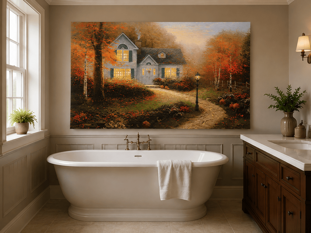 Landscape Oil Painting - Autumn White Cottage With Pumpkins