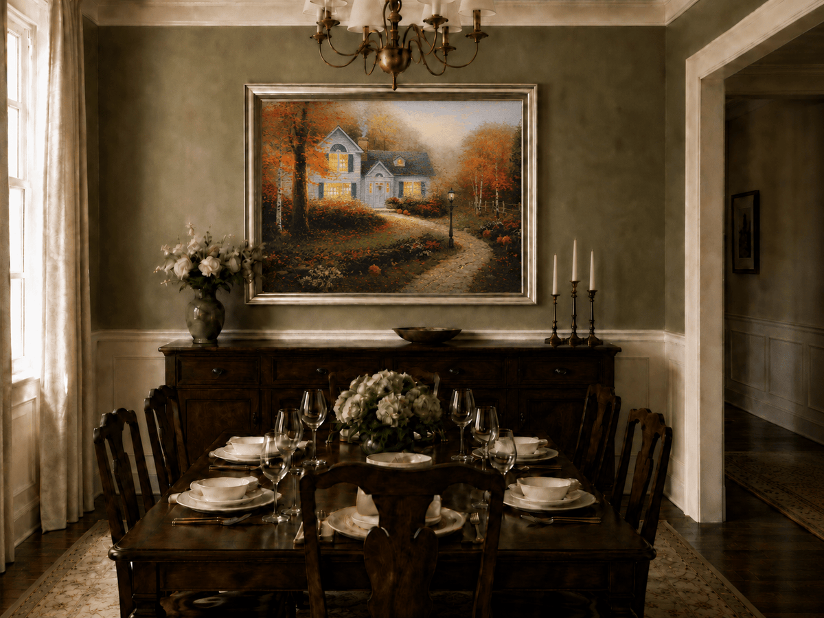 Landscape Oil Painting - Autumn White Cottage With Pumpkins