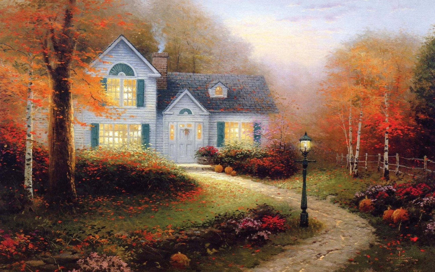 Landscape Oil Painting - Autumn White Cottage With Pumpkins - Oil Painting Haven