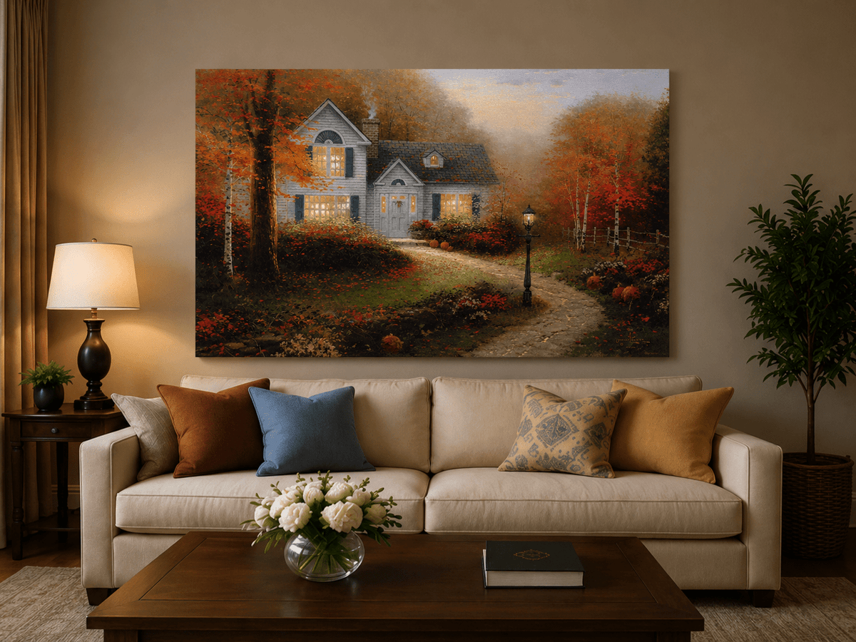 Landscape Oil Painting - Autumn White Cottage With Pumpkins