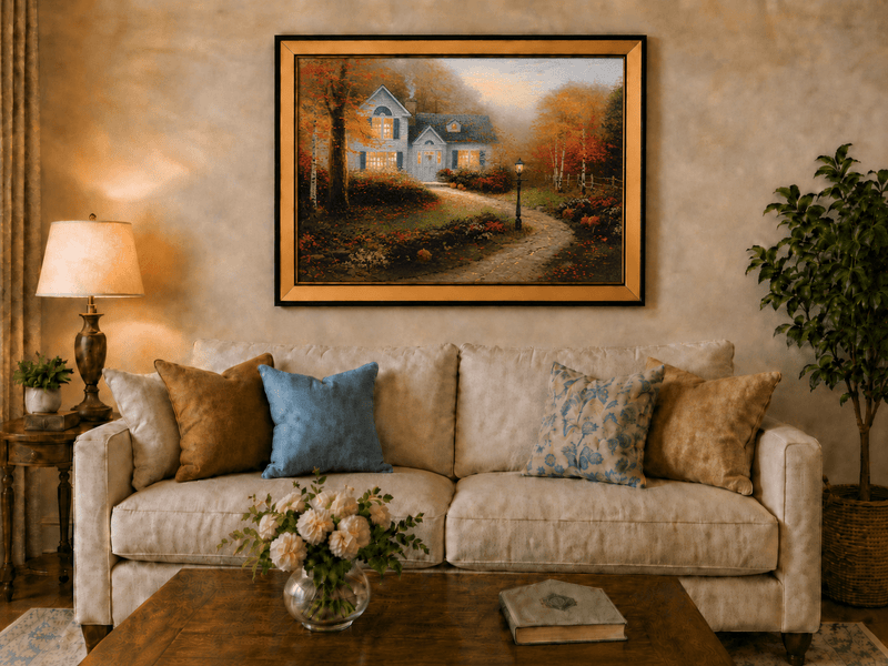 Landscape Oil Painting - Autumn White Cottage With Pumpkins