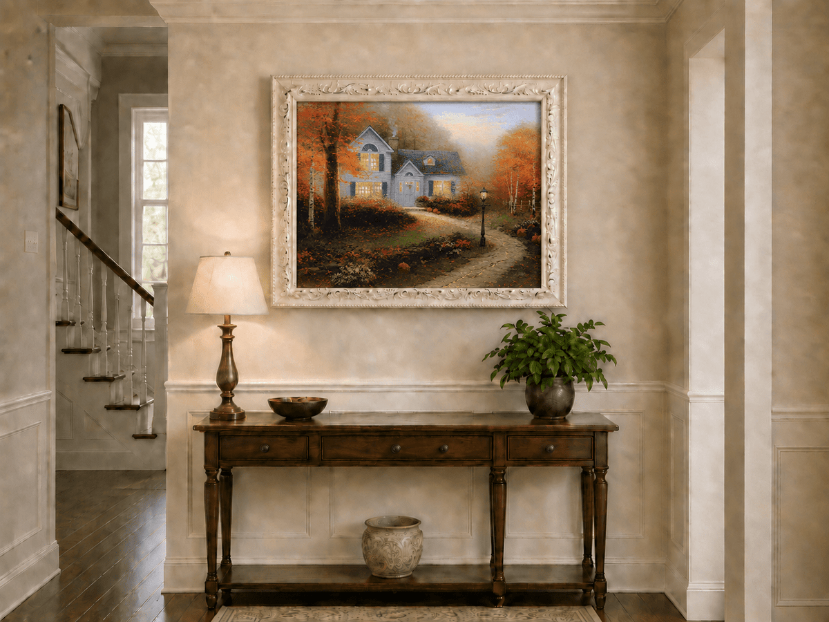 Landscape Oil Painting - Autumn White Cottage With Pumpkins