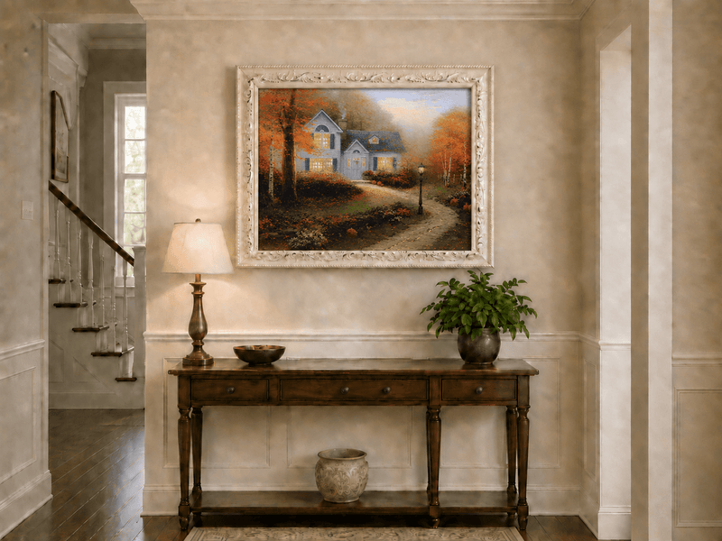 Landscape Oil Painting - Autumn White Cottage With Pumpkins