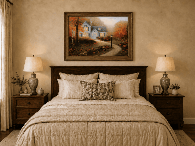Landscape Oil Painting - Autumn White Cottage With Pumpkins