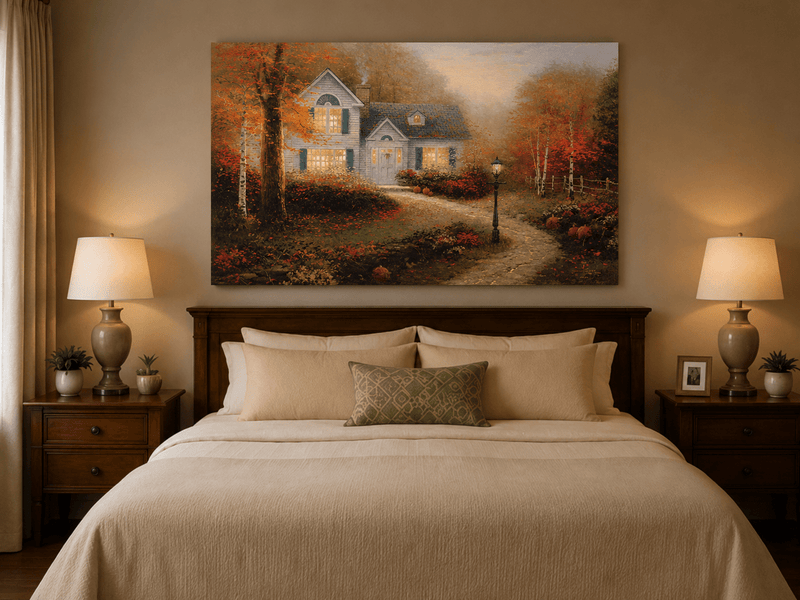 Landscape Oil Painting - Autumn White Cottage With Pumpkins