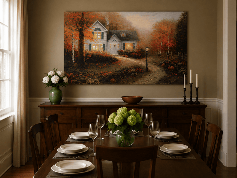 Landscape Oil Painting - Autumn White Cottage With Pumpkins