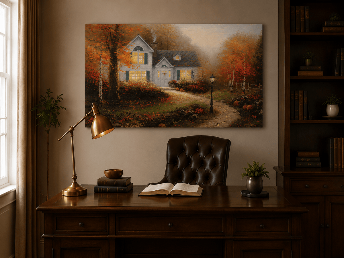 Landscape Oil Painting - Autumn White Cottage With Pumpkins