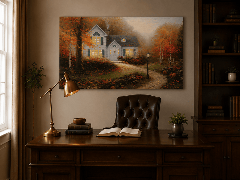 Landscape Oil Painting - Autumn White Cottage With Pumpkins
