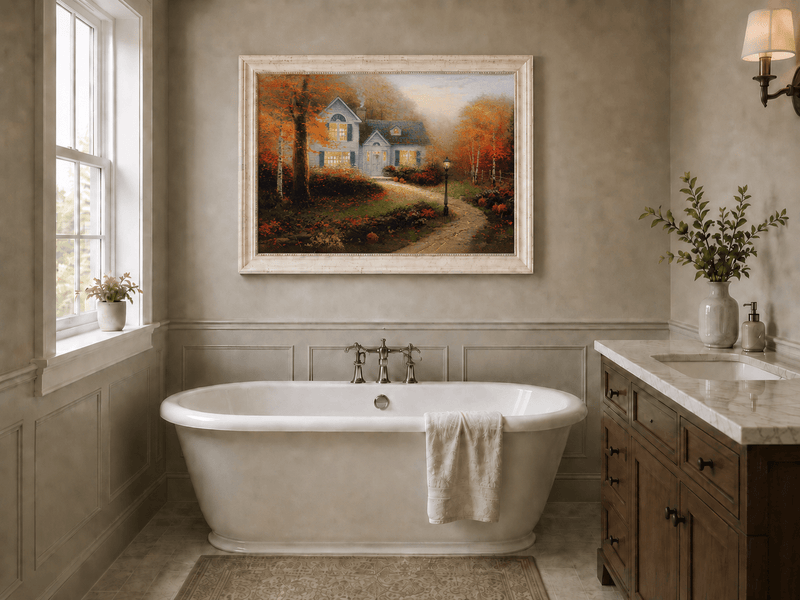 Landscape Oil Painting - Autumn White Cottage With Pumpkins