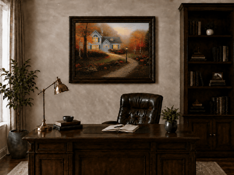 Landscape Oil Painting - Autumn White Cottage With Pumpkins