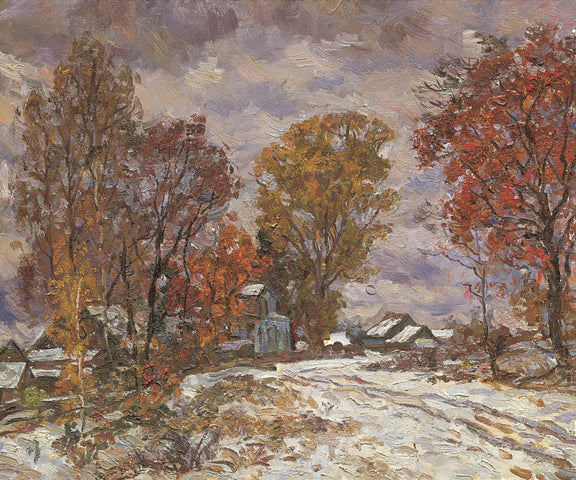 Landscape Oil Painting - Autumn - Winter Village: Colorful Trees, Thin Snow - Oil Painting Haven