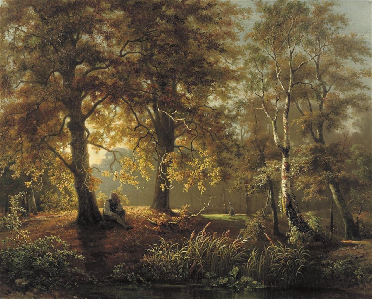 Hand-painted autumn woodland by the pond landscape oil painting on canvas