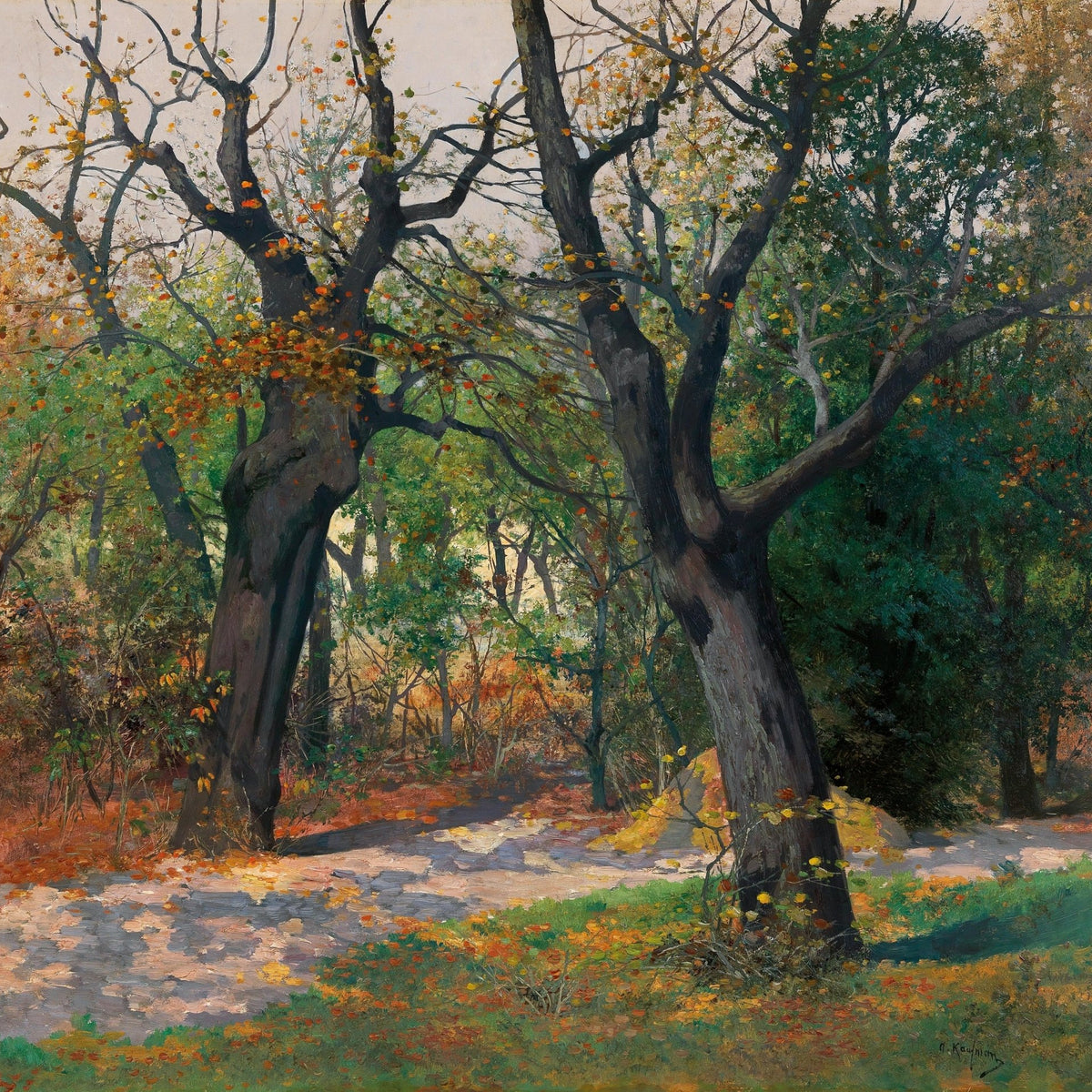 Hand-painted autumn woodland path with old trees landscape oil painting on canvas