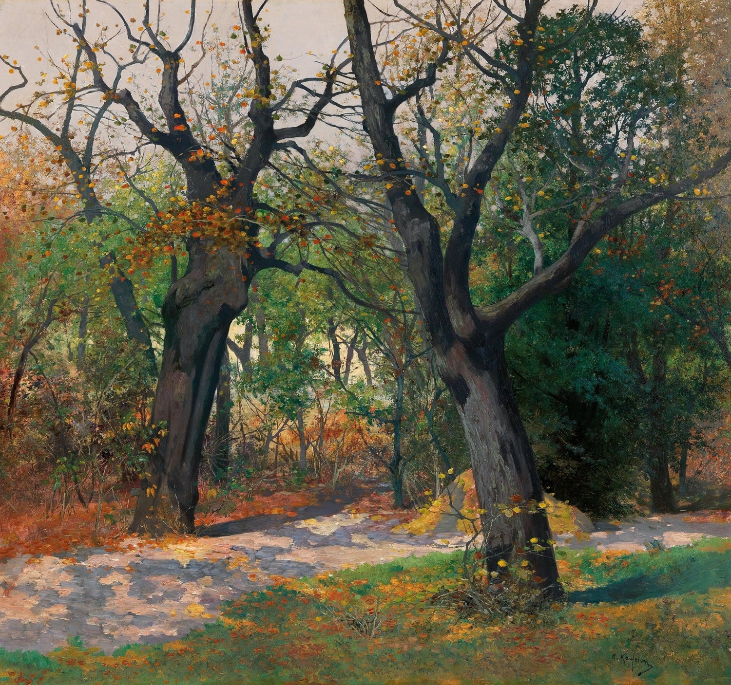 Landscape Oil Painting - Autumn Woodland Path with Old Trees - Oil Painting Haven