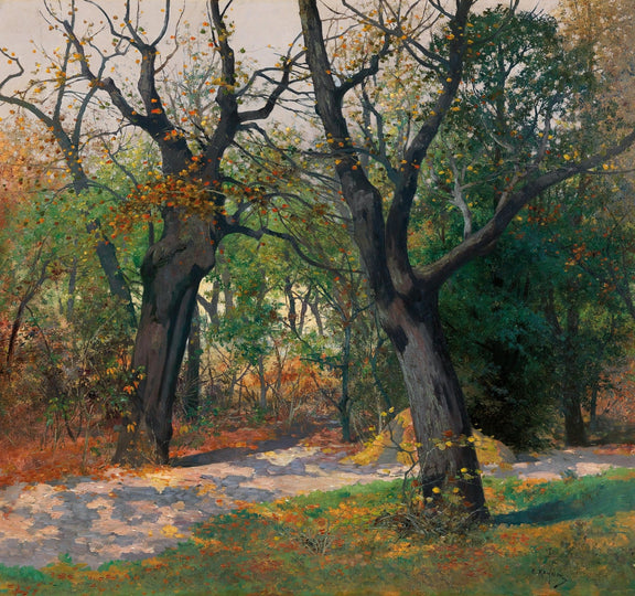 Hand-painted autumn woodland path with old trees landscape oil painting on canvas