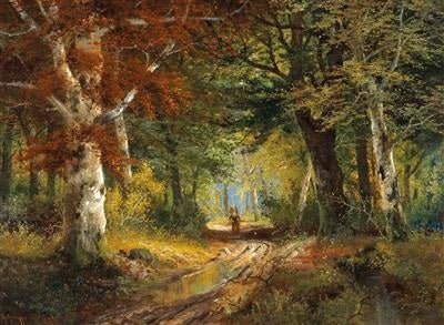 Landscape Oil Painting - Autumn Woodland Path with Tall Trees - Oil Painting Haven