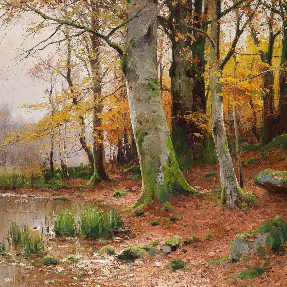 Landscape Oil Painting - Autumn woodland pond & fallen leaves - Oil Painting Haven