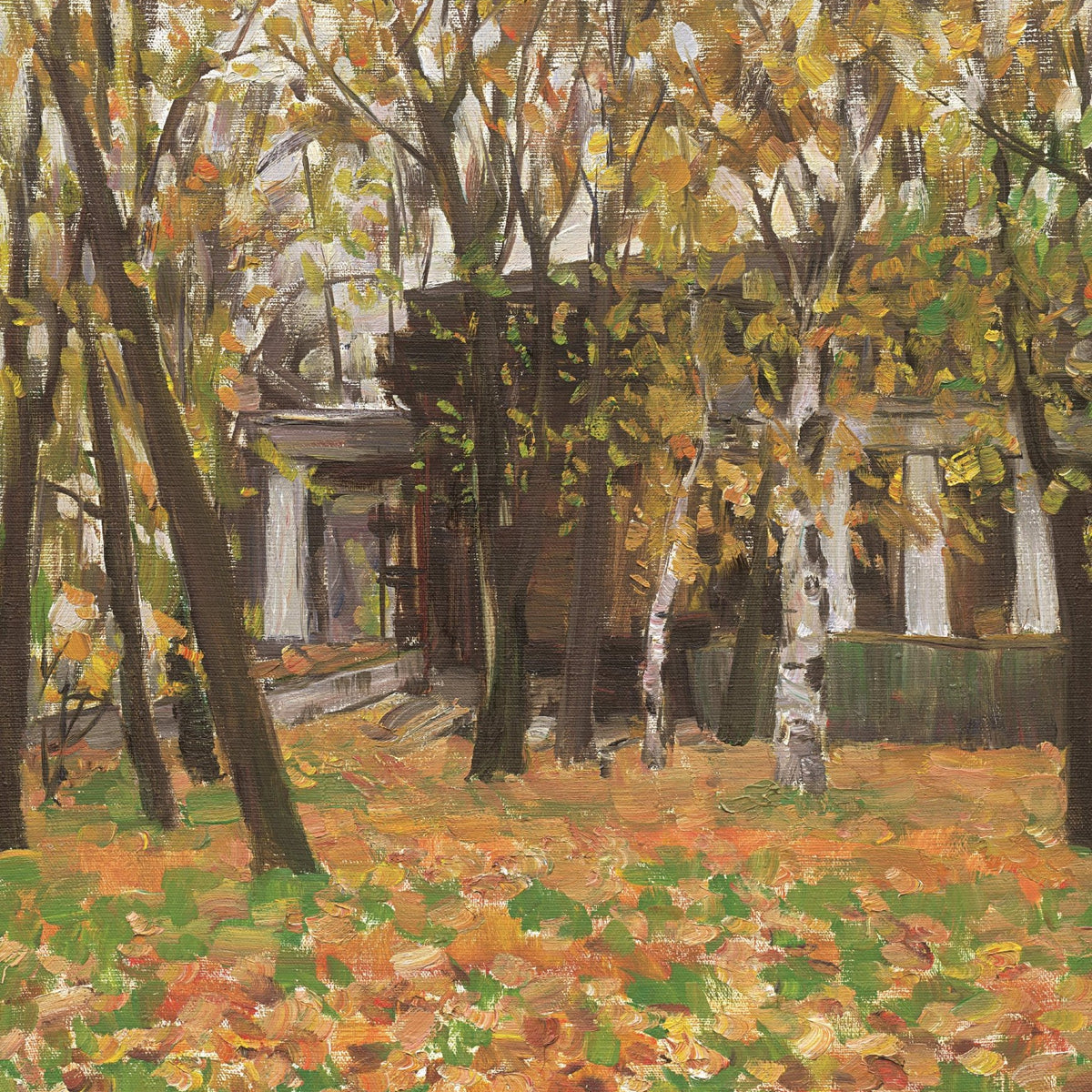 Landscape Oil Painting - Autumn Woodland Scene: Fallen Leaves, Building - Oil Painting Haven