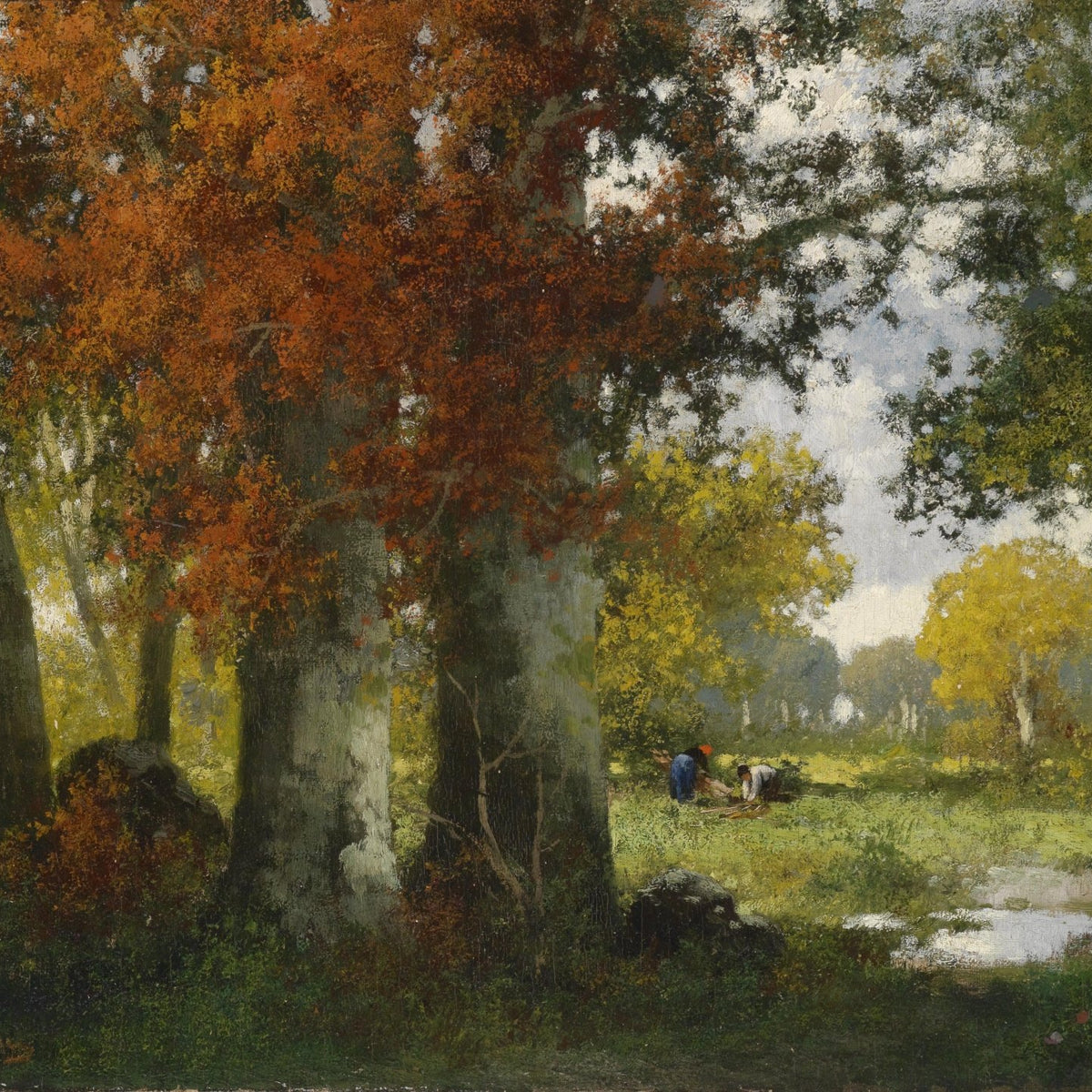 Landscape Oil Painting - Autumn Woodland: Vibrant Fall Foliage & Workers - Oil Painting Haven