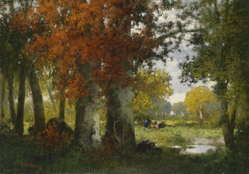 Landscape Oil Painting - Autumn Woodland: Vibrant Fall Foliage & Workers - Oil Painting Haven