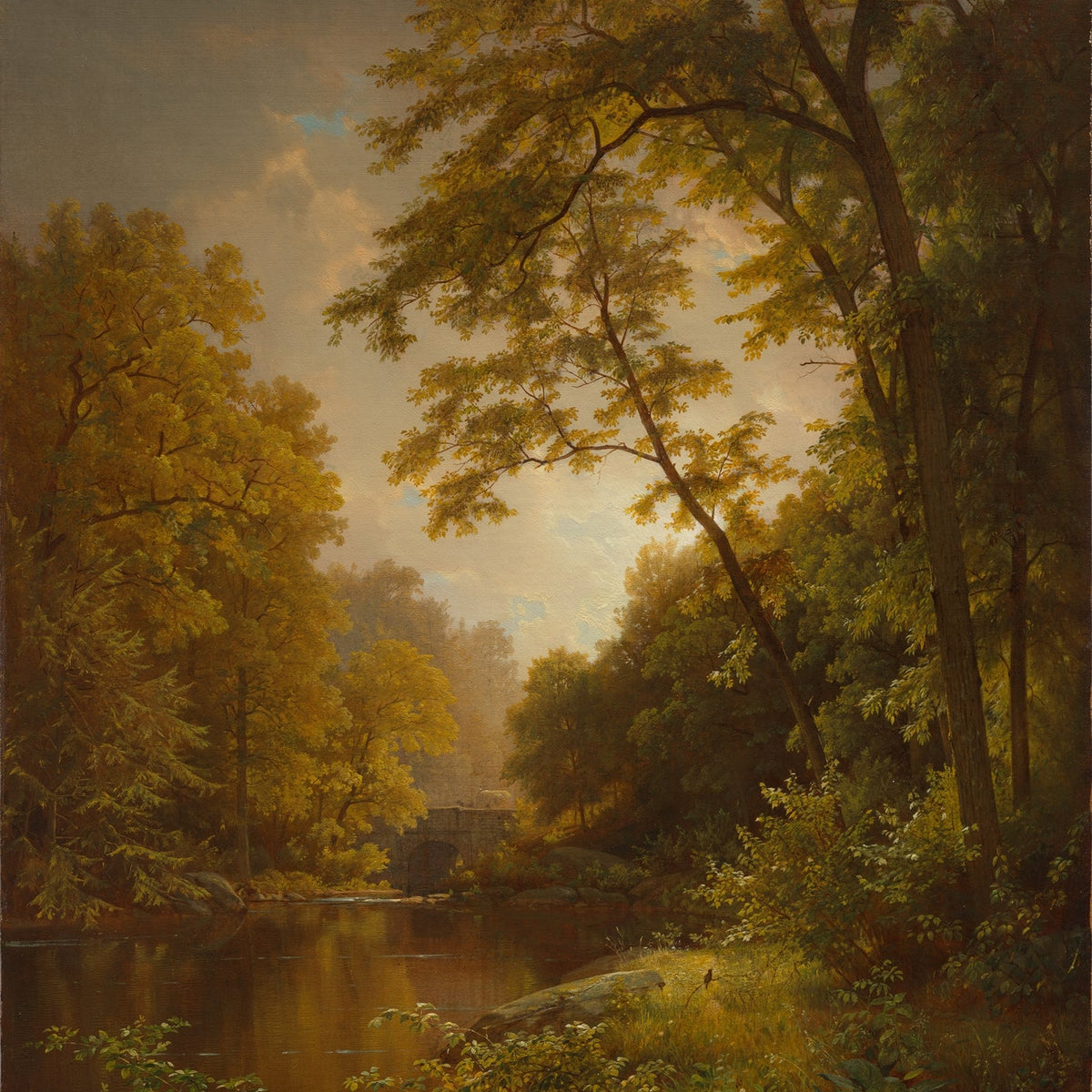 Landscape Oil Painting - Autumn Woods, River, Bridge & Warm Light - Oil Painting Haven
