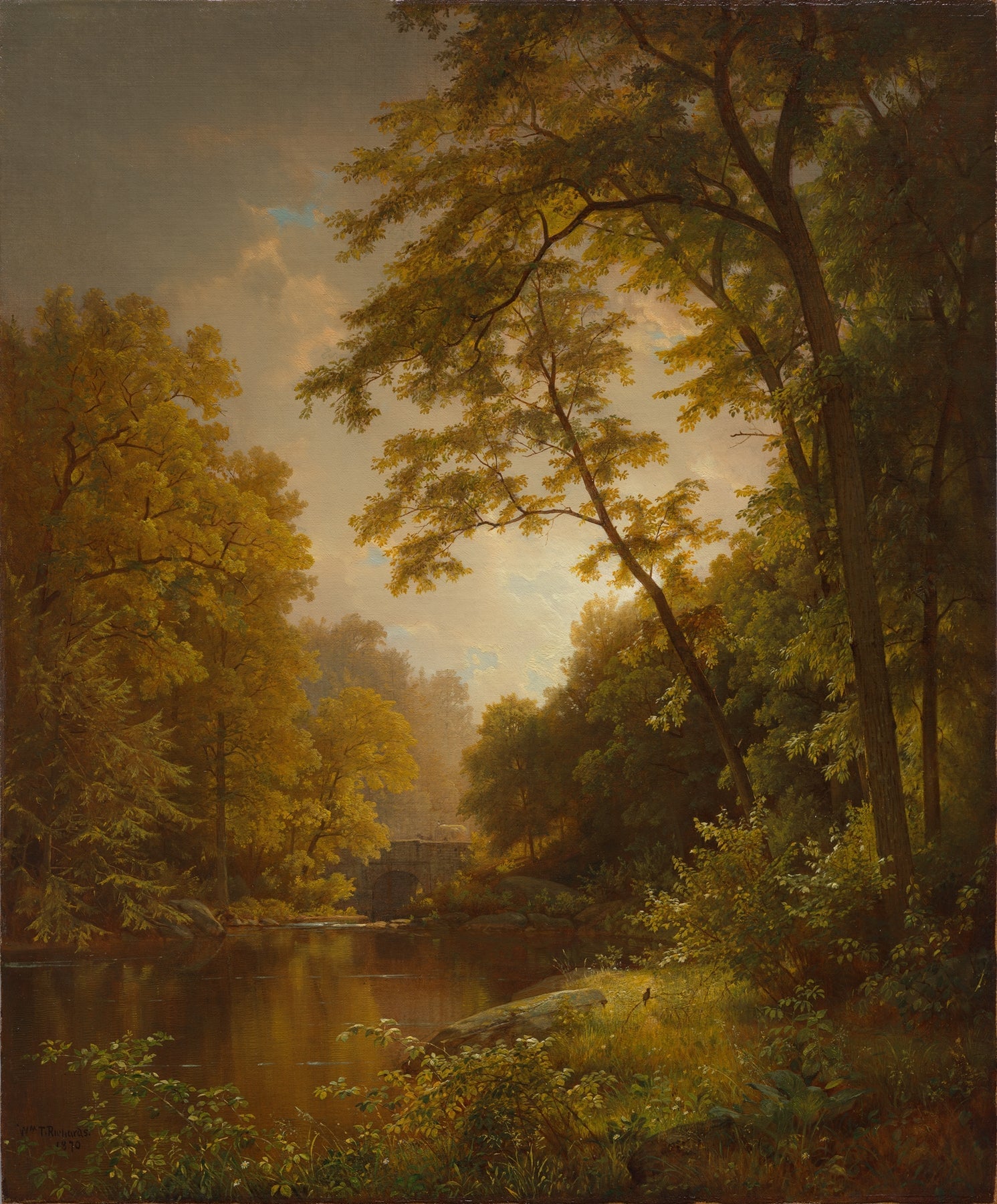 Landscape Oil Painting - Autumn Woods, River, Bridge & Warm Light - Oil Painting Haven