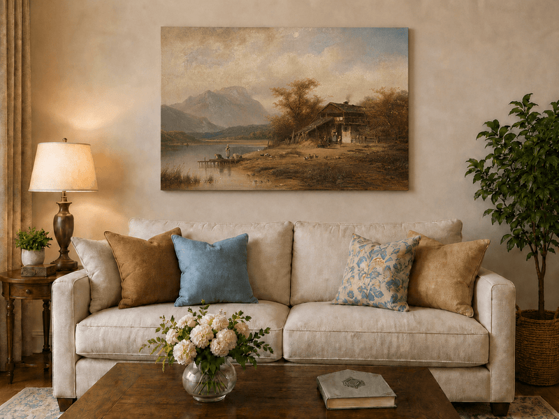 Landscape Oil Painting - Bavarian Lake Cottage and Laundry Day