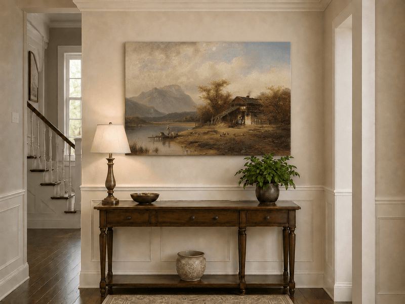Landscape Oil Painting - Bavarian Lake Cottage and Laundry Day