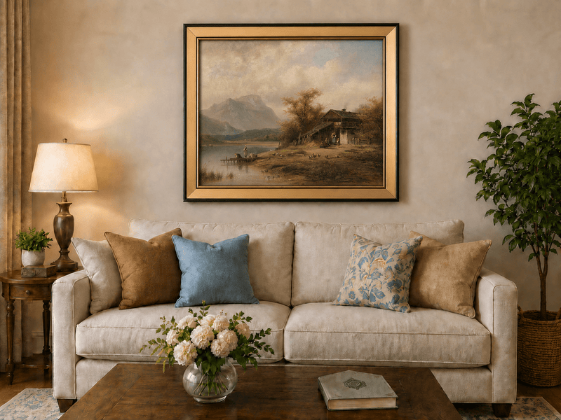 Landscape Oil Painting - Bavarian Lake Cottage and Laundry Day