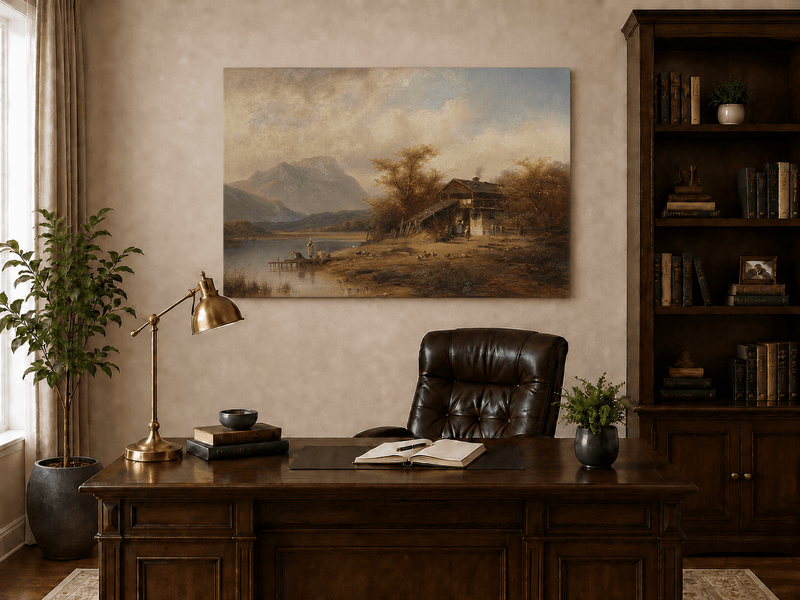 Landscape Oil Painting - Bavarian Lake Cottage and Laundry Day