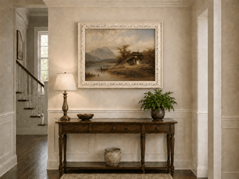 Landscape Oil Painting - Bavarian Lake Cottage and Laundry Day