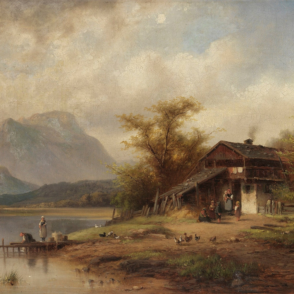 Hand-painted bavarian lake cottage and laundry day landscape oil painting on canvas