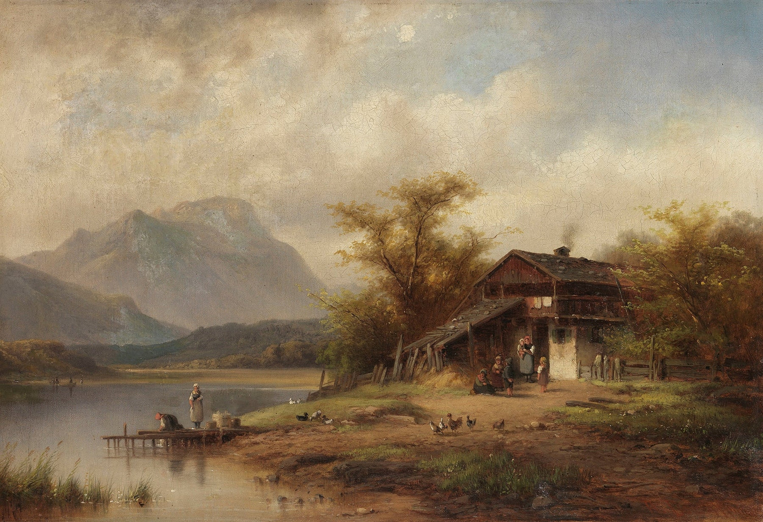 Landscape Oil Painting - Bavarian Lake Cottage and Laundry Day - Oil Painting Haven