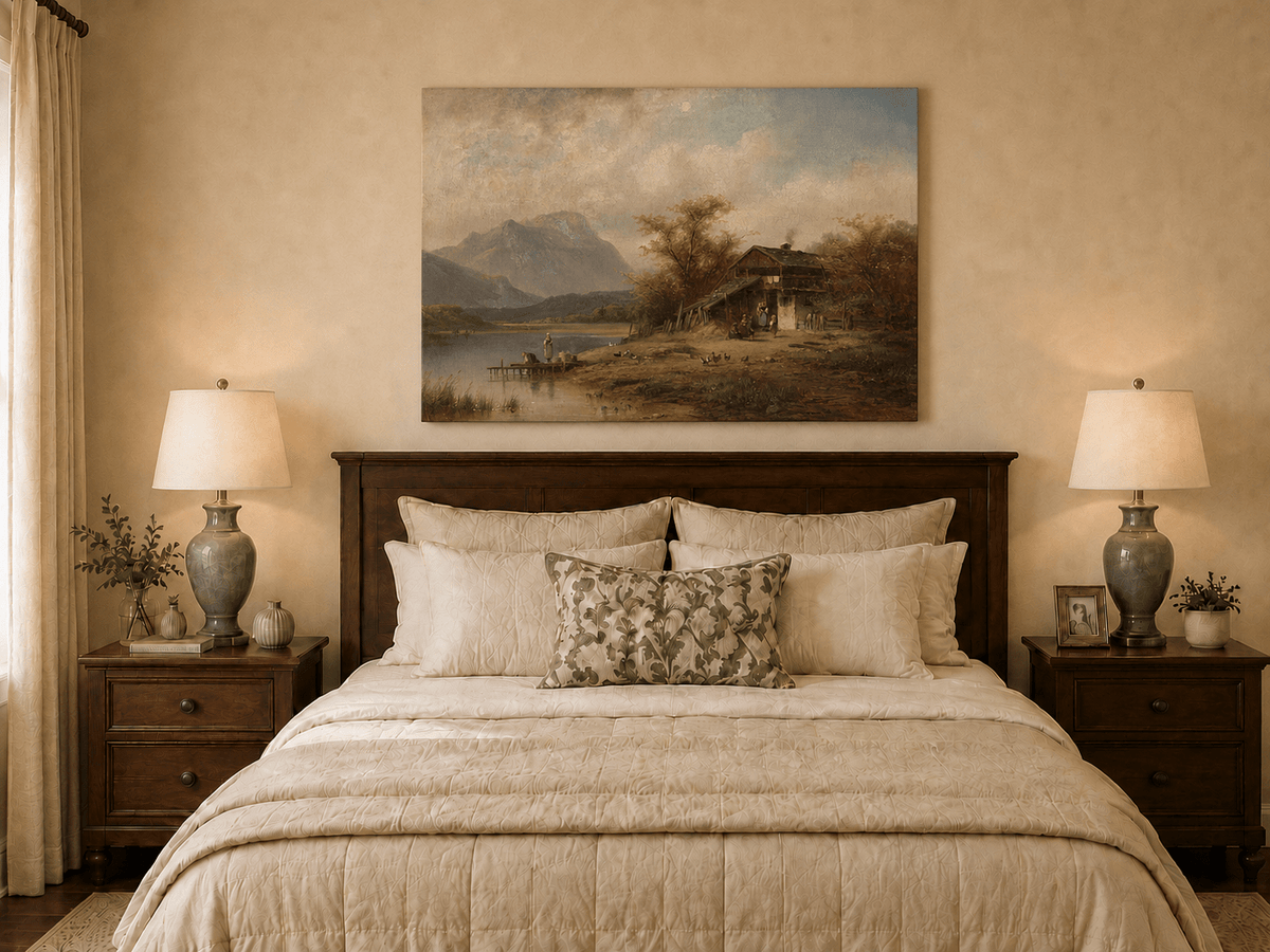 Landscape Oil Painting - Bavarian Lake Cottage and Laundry Day
