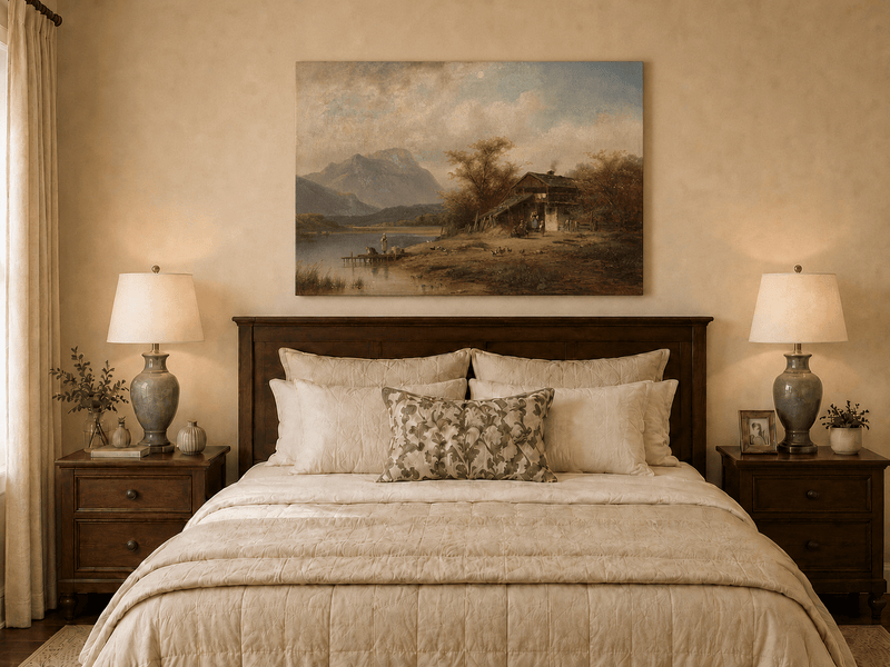Landscape Oil Painting - Bavarian Lake Cottage and Laundry Day