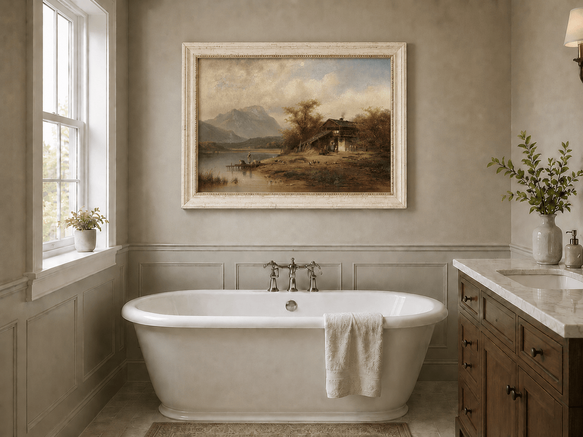 Landscape Oil Painting - Bavarian Lake Cottage and Laundry Day