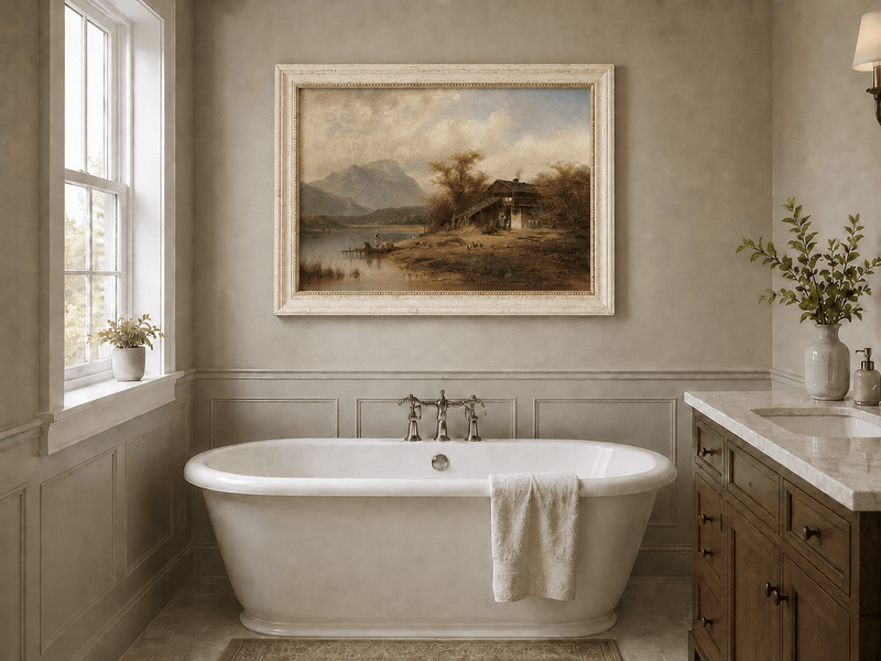 Landscape Oil Painting - Bavarian Lake Cottage and Laundry Day