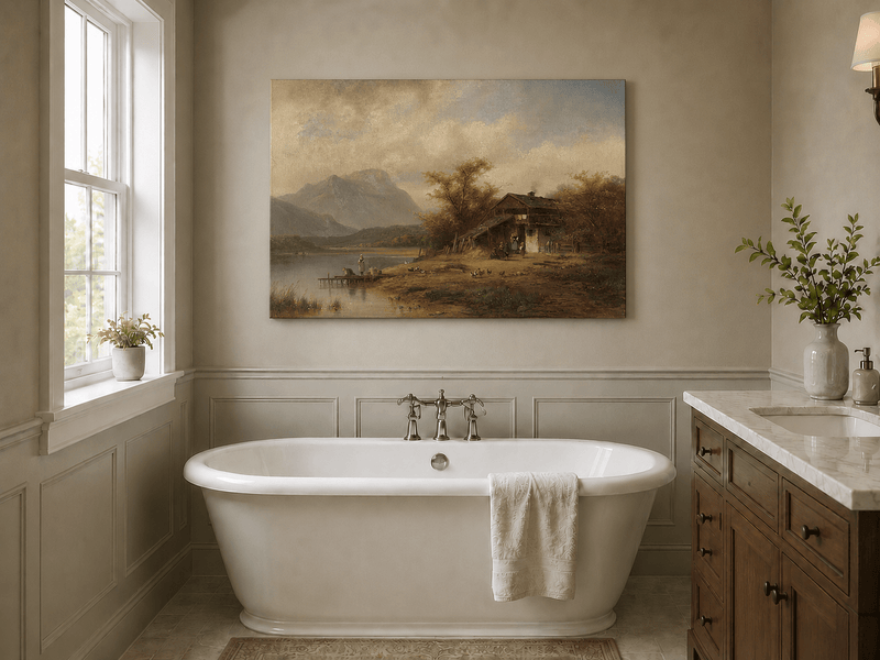 Landscape Oil Painting - Bavarian Lake Cottage and Laundry Day