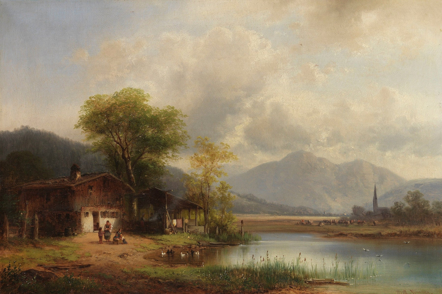 Landscape Oil Painting - Bavarian Lakeside Cottage and Mountains - Oil Painting Haven
