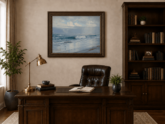 Framed hand-painted beach oil painting with crashing waves beneath cloudy seaside skies displayed above a traditional home office desk.