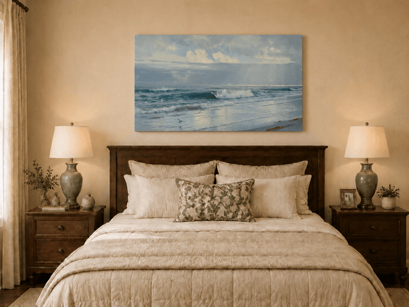 Unframed hand-painted beach oil painting with crashing waves beneath cloudy seaside skies displayed above a wooden bed in a neutral bedroom.
